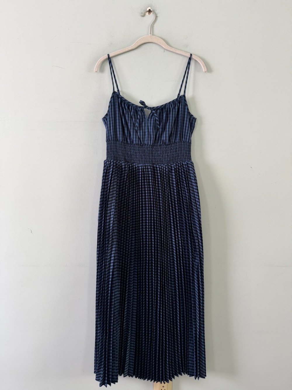 NWT J. Crew Smocked Waist Gingham Blue Pleated Cottagecore Peasant Midi Dress - Picture 2 of 6
